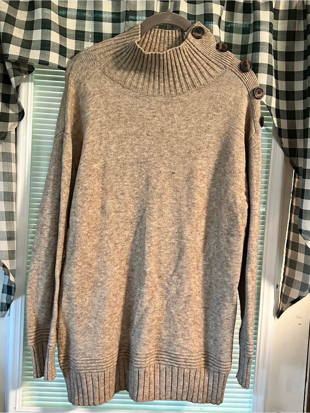 Anthropologie Neutral Ribbed Mock Neck Button-Shoulder Sweater